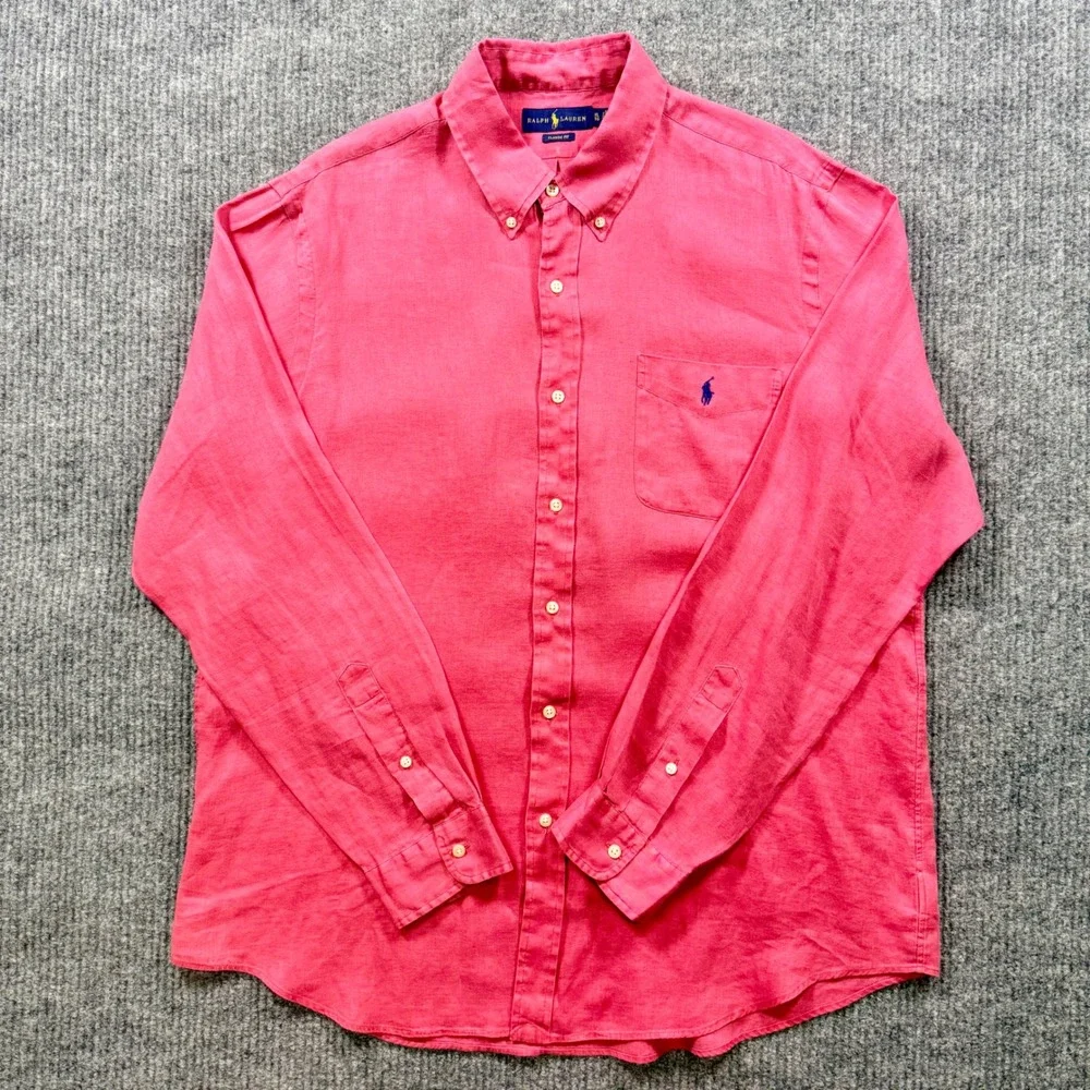 Ralph Lauren Mens XL Classic Fit Pink Linen Button Down Shirt Long Sleeve Pony